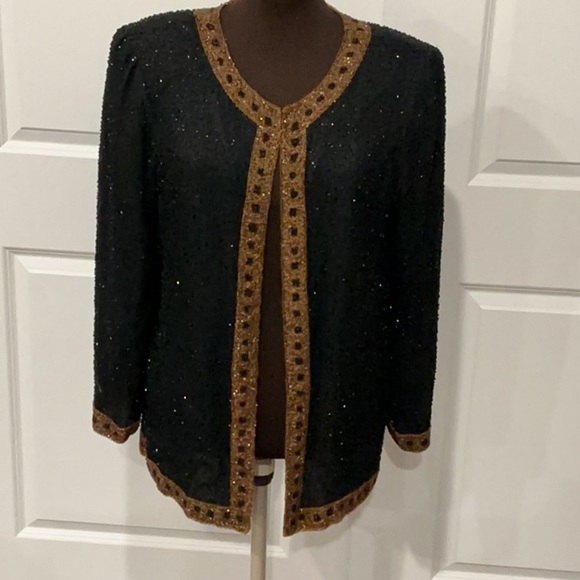 Stenay Sequins Black Gold Hook & Eye Top Jacket 100% Silk Glam Bling 90s Size L - Picture 1 of 14